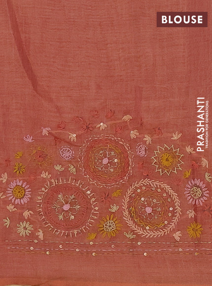 Linen cotton saree peach shade with embroidery buttas and simple border