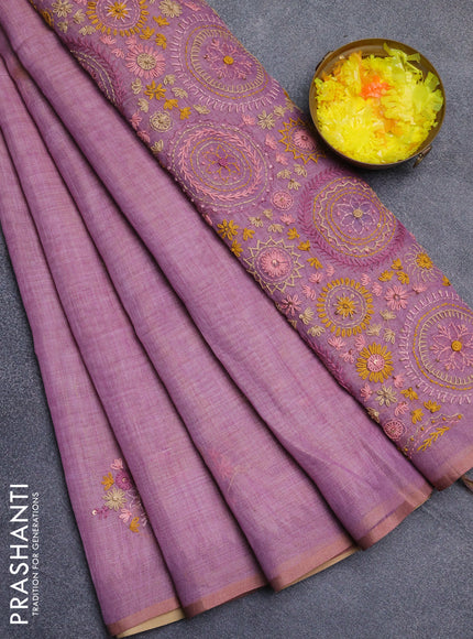 Linen cotton saree light pink with embroidery buttas and simple border