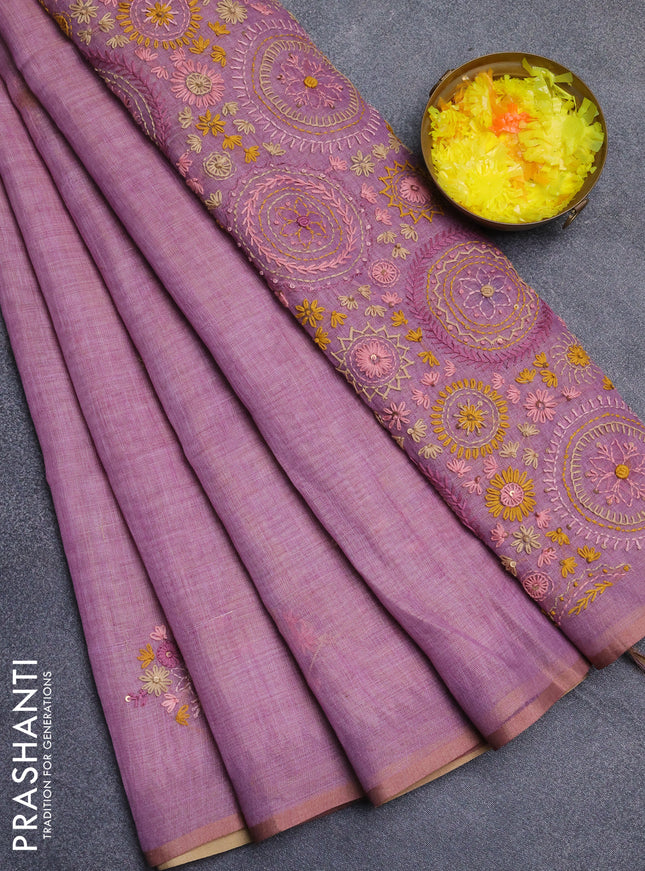 Linen cotton saree light pink with embroidery buttas and simple border