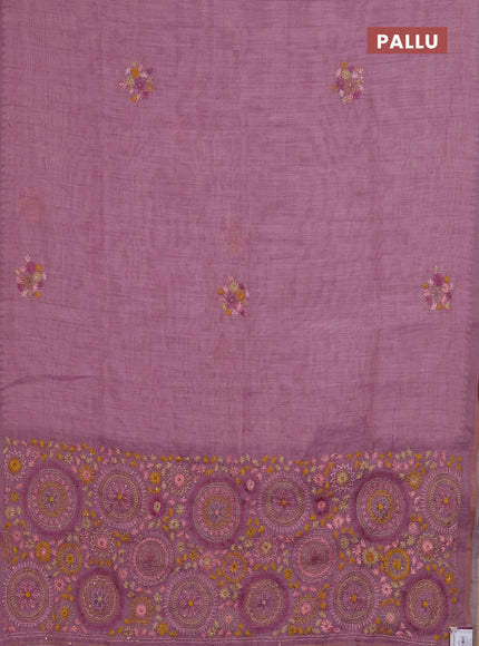 Linen cotton saree light pink with embroidery buttas and simple border