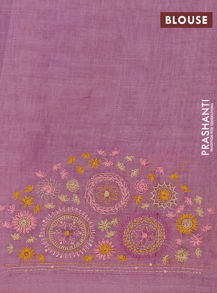 Linen cotton saree light pink with embroidery buttas and simple border