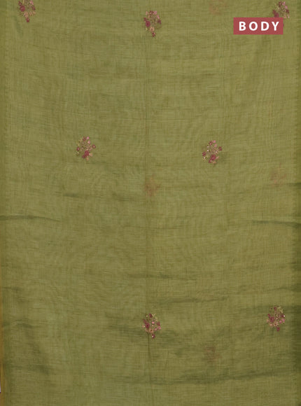 Linen cotton saree light green with embroidery buttas and simple border