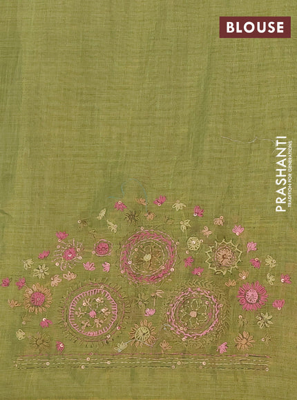 Linen cotton saree light green with embroidery buttas and simple border