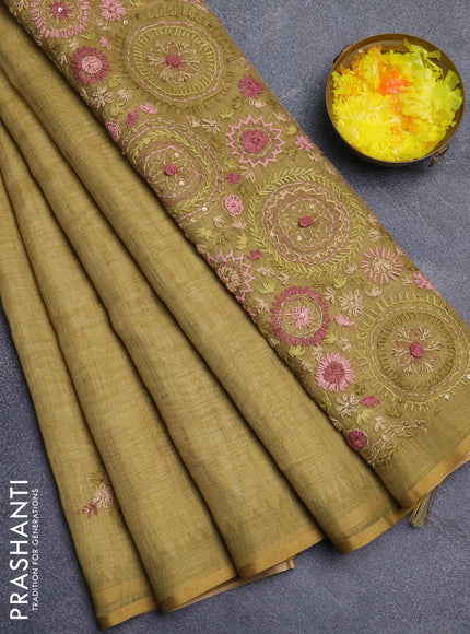 Linen cotton saree mustard yellow with embroidery buttas and simple border