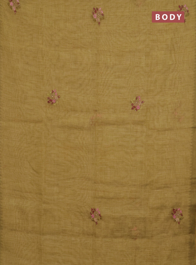 Linen cotton saree mustard yellow with embroidery buttas and simple border