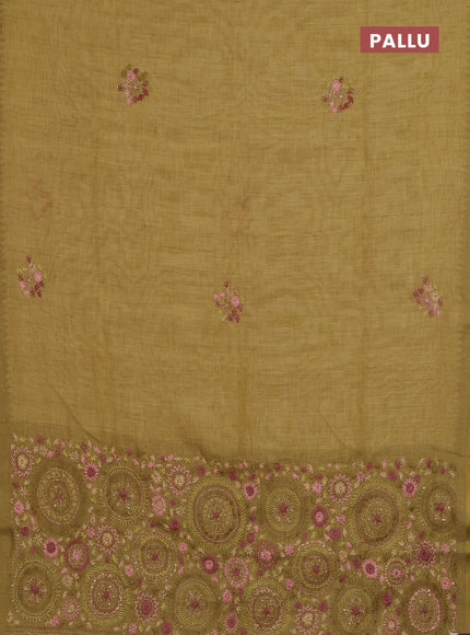 Linen cotton saree mustard yellow with embroidery buttas and simple border