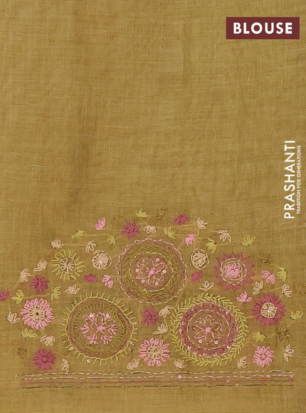 Linen cotton saree mustard yellow with embroidery buttas and simple border