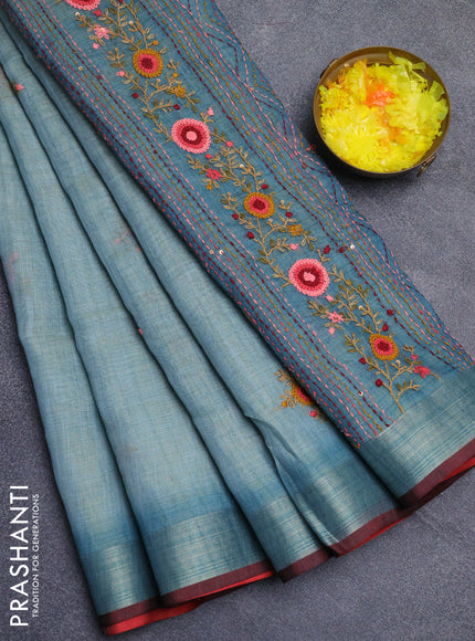 Linen cotton saree pastel blue and maroon with embroidery buttas and zari woven border