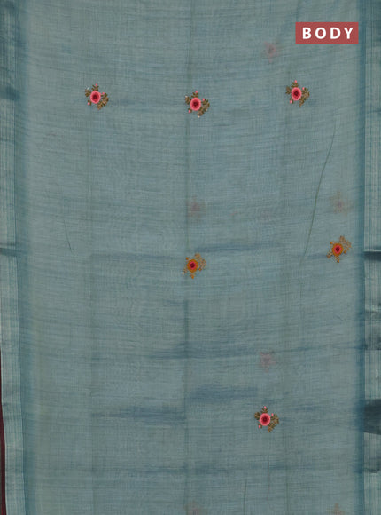 Linen cotton saree pastel blue and maroon with embroidery buttas and zari woven border