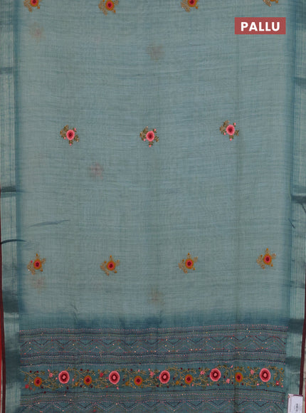 Linen cotton saree pastel blue and maroon with embroidery buttas and zari woven border
