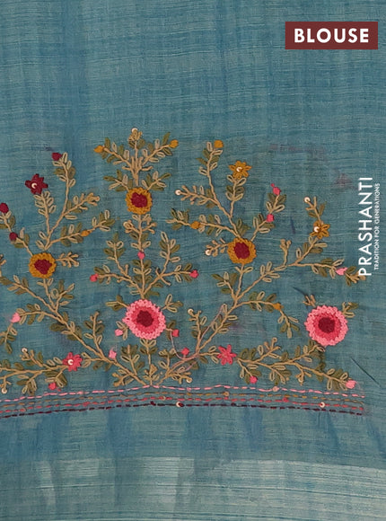 Linen cotton saree pastel blue and maroon with embroidery buttas and zari woven border