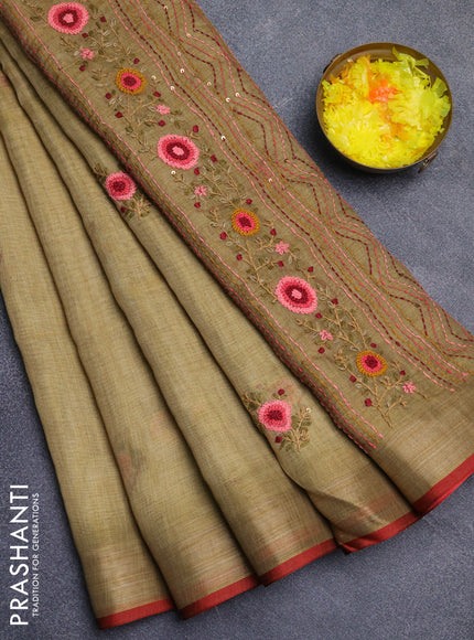 Linen cotton saree mustard yellow and maroon with embroidery buttas and zari woven border