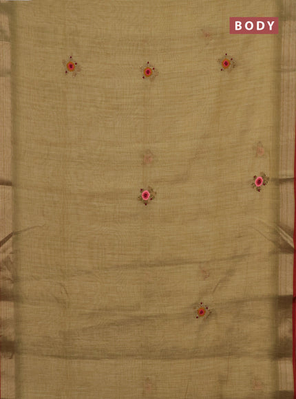 Linen cotton saree mustard yellow and maroon with embroidery buttas and zari woven border