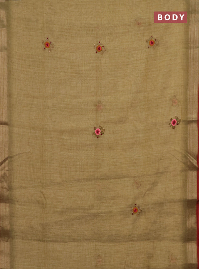 Linen cotton saree mustard yellow and maroon with embroidery buttas and zari woven border