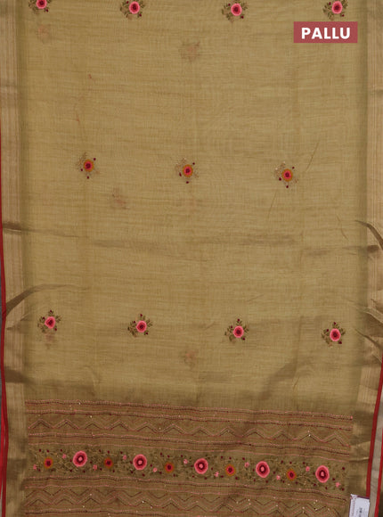 Linen cotton saree mustard yellow and maroon with embroidery buttas and zari woven border