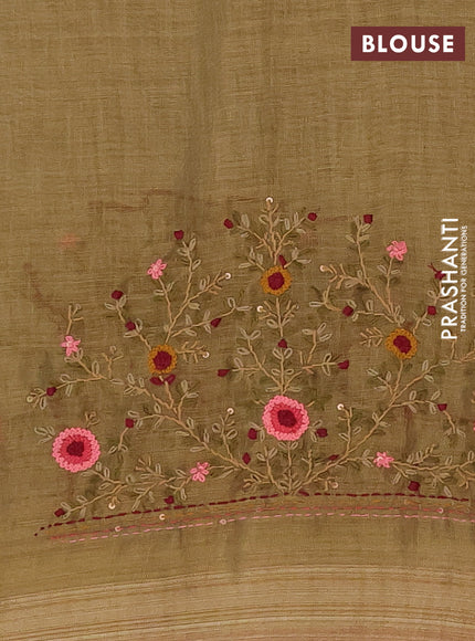 Linen cotton saree mustard yellow and maroon with embroidery buttas and zari woven border