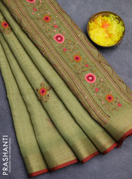 Linen cotton saree light green and maroon with embroidery buttas and zari woven border