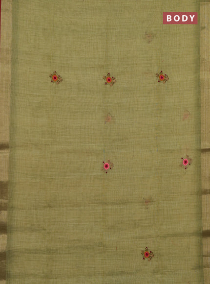 Linen cotton saree light green and maroon with embroidery buttas and zari woven border