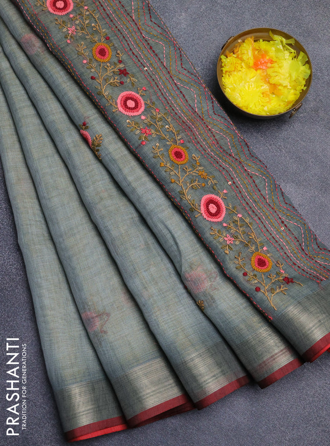 Linen cotton saree grey and maroon with embroidery buttas and zari woven border