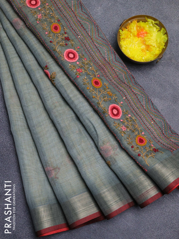 Linen cotton saree grey and maroon with embroidery buttas and zari woven border