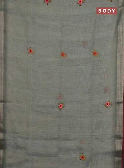 Linen cotton saree grey and maroon with embroidery buttas and zari woven border
