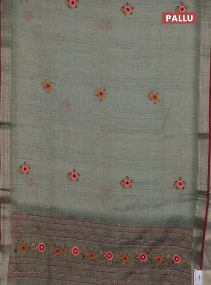 Linen cotton saree grey and maroon with embroidery buttas and zari woven border