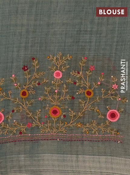 Linen cotton saree grey and maroon with embroidery buttas and zari woven border