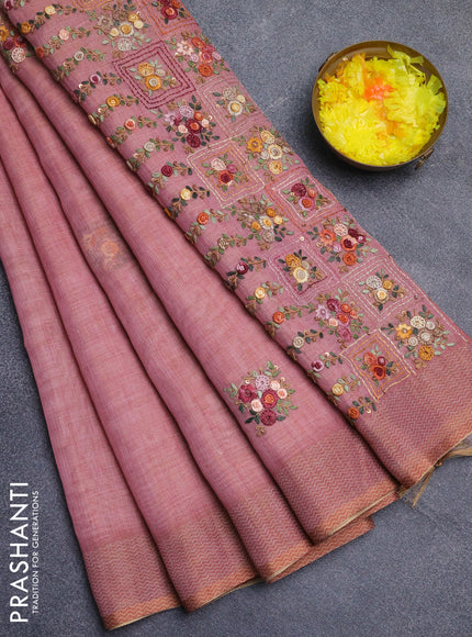 Linen cotton saree light pink with embroidery buttas and printed border