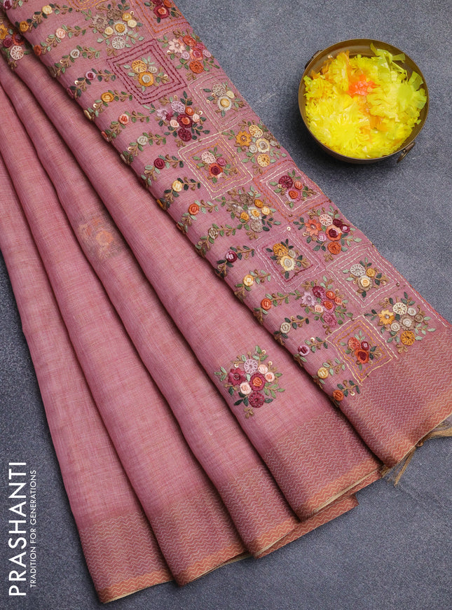 Linen cotton saree light pink with embroidery buttas and printed border
