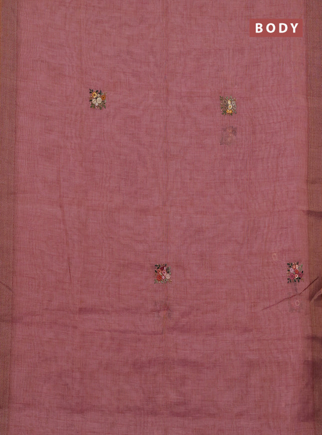 Linen cotton saree light pink with embroidery buttas and printed border