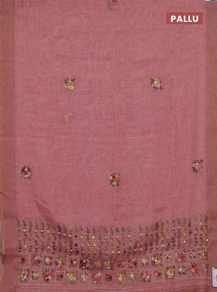Linen cotton saree light pink with embroidery buttas and printed border
