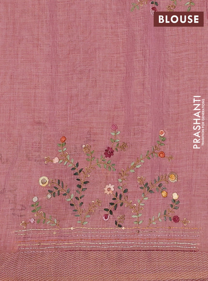 Linen cotton saree light pink with embroidery buttas and printed border