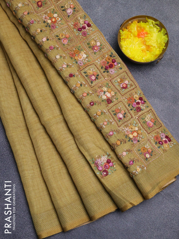 Linen cotton saree mustard yellow with embroidery buttas and printed border