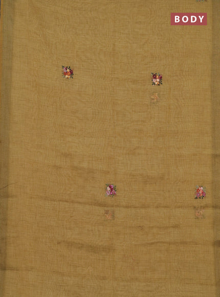 Linen cotton saree mustard yellow with embroidery buttas and printed border