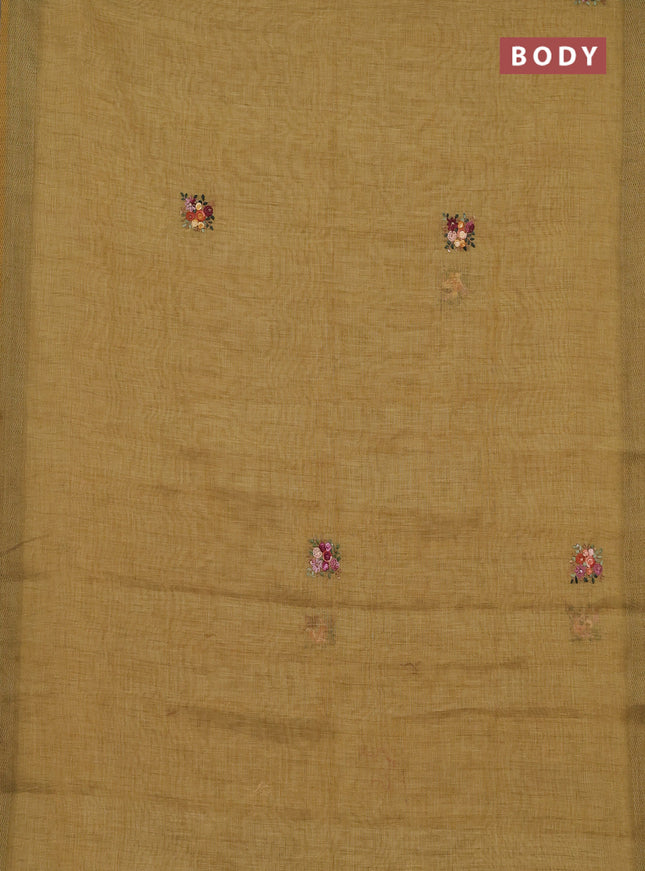 Linen cotton saree mustard yellow with embroidery buttas and printed border