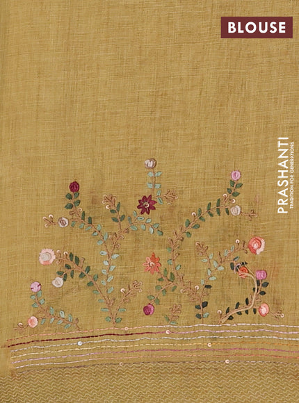 Linen cotton saree mustard yellow with embroidery buttas and printed border