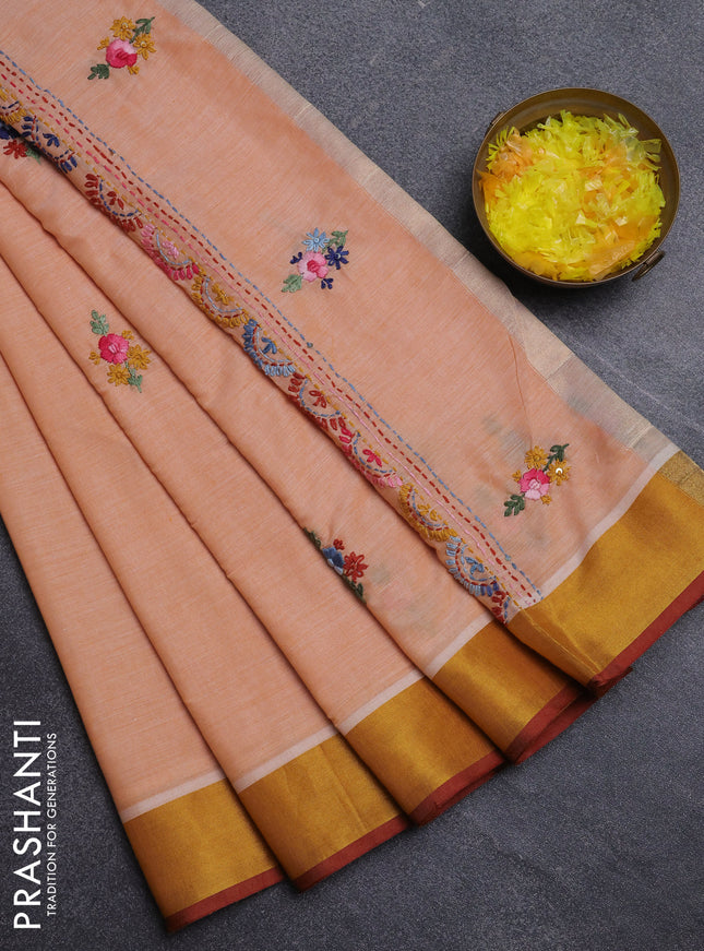 Mul cotton saree pale orange and maroon with embroidery work buttas and embroidery work pallu & zari woven border