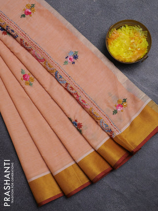 Mul cotton saree pale orange and maroon with embroidery work buttas and embroidery work pallu & zari woven border