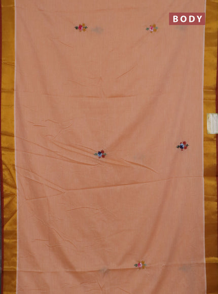 Mul cotton saree pale orange and maroon with embroidery work buttas and embroidery work pallu & zari woven border