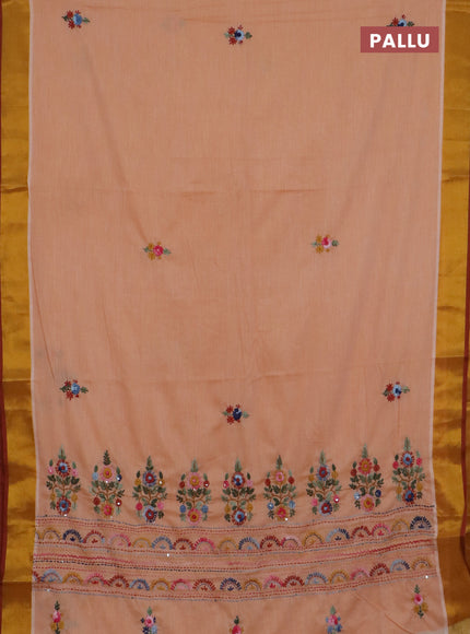 Mul cotton saree pale orange and maroon with embroidery work buttas and embroidery work pallu & zari woven border