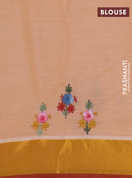 Mul cotton saree pale orange and maroon with embroidery work buttas and embroidery work pallu & zari woven border