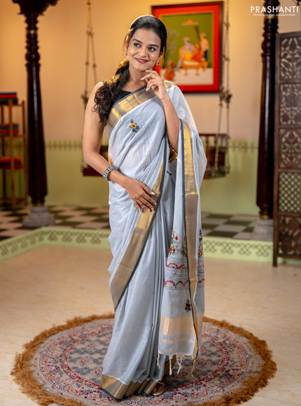 Mul cotton saree grey and dark grey with embroidery work buttas and embroidery work pallu & zari woven border