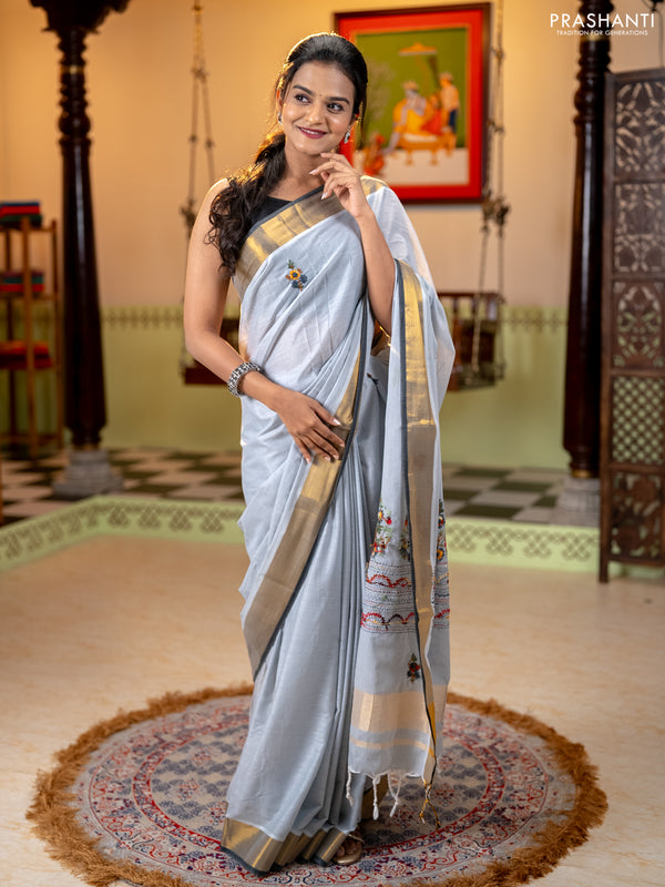 Mul cotton saree grey and dark grey with embroidery work buttas and embroidery work pallu & zari woven border
