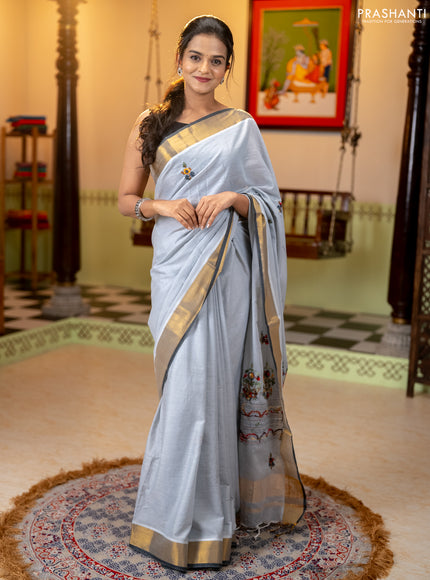 Mul cotton saree grey and dark grey with embroidery work buttas and embroidery work pallu & zari woven border