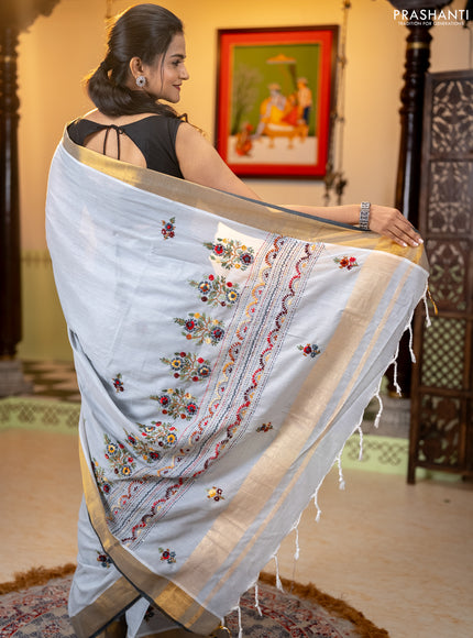 Mul cotton saree grey and dark grey with embroidery work buttas and embroidery work pallu & zari woven border