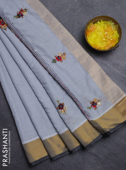 Mul cotton saree grey and dark grey with embroidery work buttas and embroidery work pallu & zari woven border
