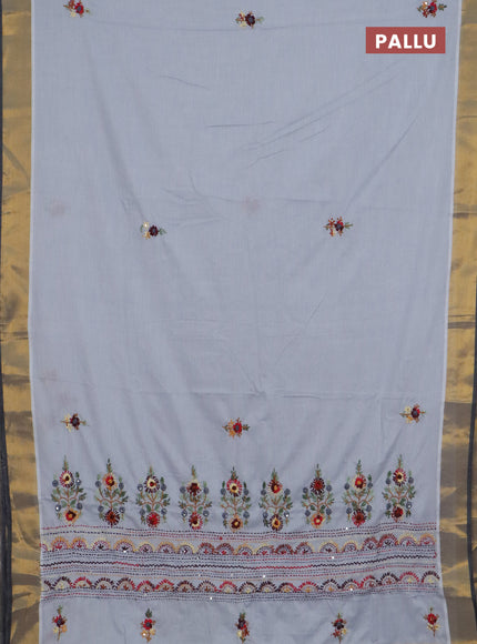 Mul cotton saree grey and dark grey with embroidery work buttas and embroidery work pallu & zari woven border