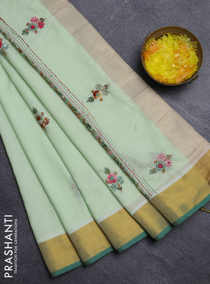 Mul cotton saree pista green and green with embroidery work buttas and embroidery work pallu & zari woven border