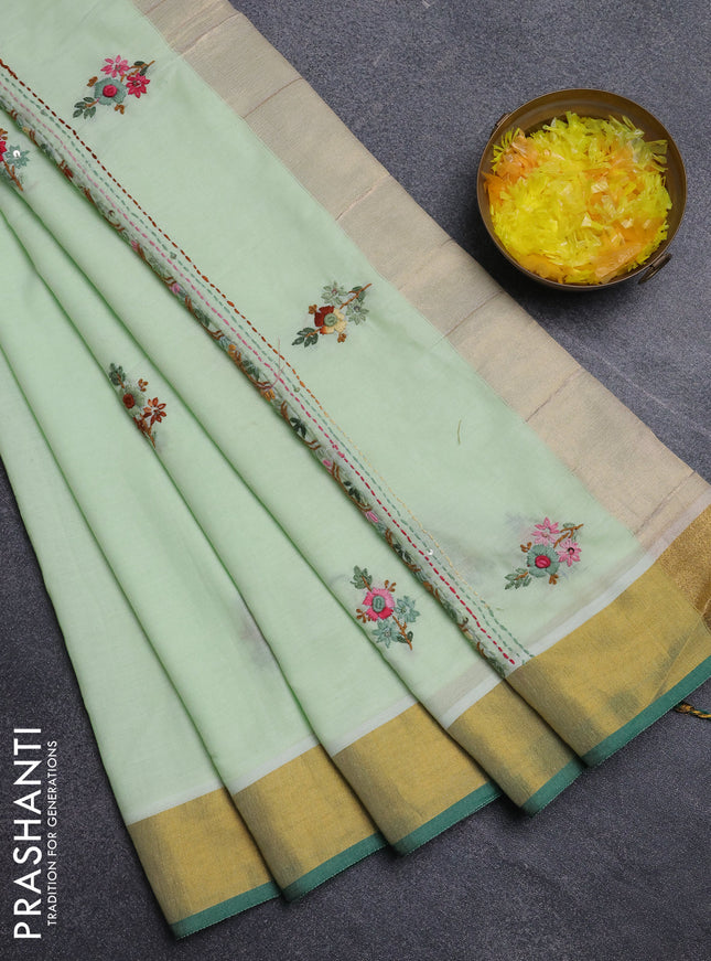 Mul cotton saree pista green and green with embroidery work buttas and embroidery work pallu & zari woven border