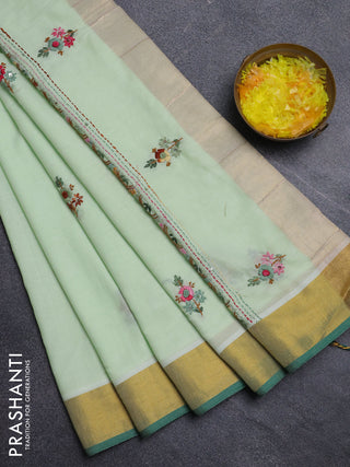 Mul cotton saree pista green and green with embroidery work buttas and embroidery work pallu & zari woven border